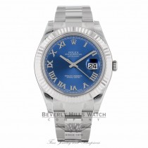Rolex Datejust II 41mm Stainless Steel White Gold Fluted Bezel Blue Roman Dial 116334 - Beverly Hills Watch 