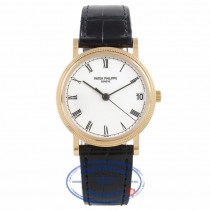 Patek Philippe Calatrava Hobnail Case 18k Yellow Gold 33MM White Dial Black Leather Strap 3802/200 87JLQ6 - Beverly Hills Watch Company Watch Store
