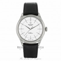 Rolex Cellini 39mm 18k White Gold Domed & Fluted Bezel White Dial 50509 4FVL1U - Beverly Hills Watch   