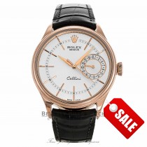 Rolex Cellini Date 39MM Everrose Domed Fluted Double Bezel Silver Guilloche Dial Black Strap 50515 CZ83Q9 - Beverly Hills Watch Company