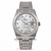 Rolex Datejust 36mm Stainless Steel White Gold Fluted Bezel White Mother Pearl Diamond Dial 116234 24D24N - Beverly Hills Watch Company Watch Store