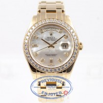 Rolex Day-Date Masterpiece 18K Yellow Gold Bracelet Mother of Pearl Diamond Dial Full Diamond Bezel Watch 18948 Beverly Hills Watch Company Watch Store