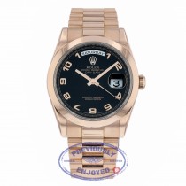 Rolex Day Date 36mm President Bracelet 18K Rose Gold Bracelet Black Arabic Numeral Dial 118205 ZN7T84 - Beverly Hills Watch Company 