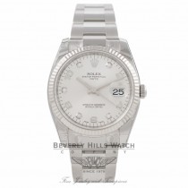 Rolex Date 34MM Stainless Steel 18k White Gold Fluted Bezel Silver Diamond Dial 115234 KPRM8Q - Beverly Hills Watch Company Watch Store