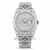Rolex Datejust 36mm Stainless Steel White Gold Fluted Bezel Silver Diamond Dial 116234SDJ 0AXAPF - Beverly Hills Watch