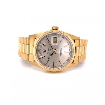Rolex 36mm Day-Date President Yellow Gold Silver Index Dial 18238 - Beverly Hills Watch Company
