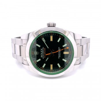 Rolex Milgauss 40mm Green Crystal Stainless Steel Black Dial 116400 76X63F - Beverly Hills Watch Company