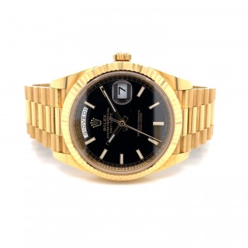 Rolex Day-Date President 40MM Yellow Gold Fluted Bezel Black Motif Dial 228238 - Beverly Hills Watch Company