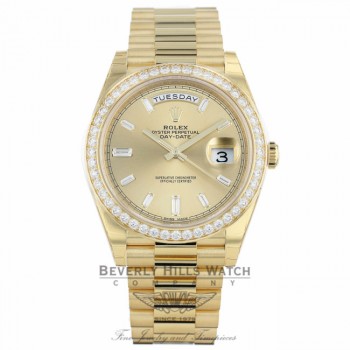 Rolex Day-Date 40mm 18k Yellow Gold Diamond Bezel Champagne Baguette Diamond Dial President 228348RB PA7YJZ - Beverly Hills Watch Company