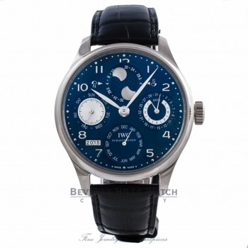 IWC Portuguese Perpetual Calendar Hemisphere Moonphase 44MM 18k White Gold Blue Dial Black Alligator Strap IW503203 WKLD5F - Beverly Hills Watch Company