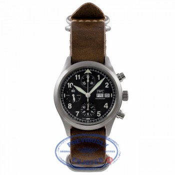 IWC Spitfire 39MM Stainless Steel Black Dial Chronograph Leather Strap IW370613 9NYR0X - Beverly Hills Watch Company Watch Store