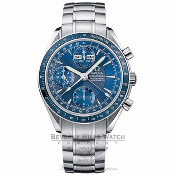 Omega Speedmaster Day Date Stainless Steel Bracelet Blue Dial Chronograph Automatic Watch 323.80.00 Beverly Hills Watch Company Watch Store
