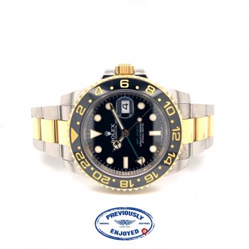 Rolex GMT MASTER II Stainless Steel and Yellow Gold Oyster Bracelet Black Dial Ceramic Bezel 116713LN PR9PZR - Beverly Hills Watch Company