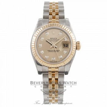 Rolex Datejust Ladies 26mm 18k Yellow Gold Stainless Steel Fluted Bezel Champagne Diamond Dial 179173 - Beverly Hills Watch Company Watch Store