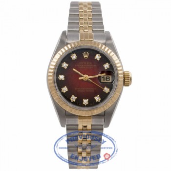 Rolex 26mm Datejust 18k Yellow Gold Stainless Steel Burgundy Diamond Dial 69173 3X8KWH - Beverly Hills Watch Store