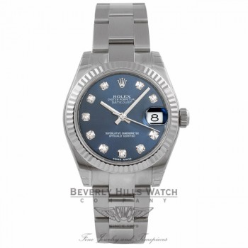 Rolex Datejust 31MM Stainless Steel 18k White Gold Fluted Bezel Blue Diamond Dial 178274 NWJY11 - Beverly Hills Watch Company Watch store