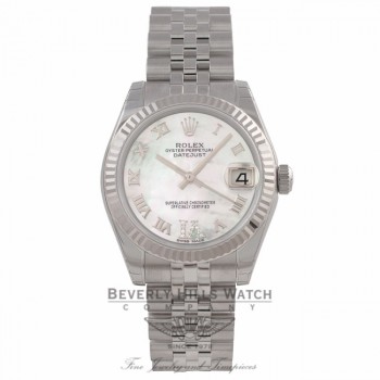 Rolex Datejust 31MM 18k White Gold Fluted Bezel Stainless Steel White Mother of Pearl Dial Roman Numerals Jubilee Bracelet 178274 9V42AM - Beverly Hills Watch Company Watch Store