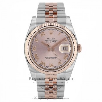 Rolex Datejust 36mm Stainless Steel 18k Rose Gold Pink Roman Dial Jubilee Bracelet 116231 TQWRK7 - Beverly Hills Watch Company