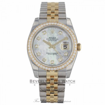 Rolex Datejust 36mm Yellow Gold Stainless Steel Diamond Bezel Mother of Pearl Diamond Dial 116243 YPYUEY - Beverly Hills Watch Company