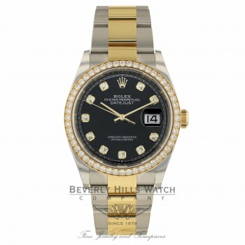Rolex Datejust 36MM 18k Yellow Gold Stainless Steel Diamond Bezel Black Diamond Dial 116243 PNAA25 - Beverly Hills Watch Company