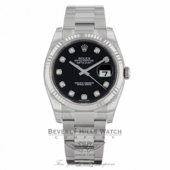 Rolex Datejust 36mm Stainless Steel White Gold Fluted Bezel Black Diamond Dial 116234 7LVAWC - Beverly Hills Watch Company 