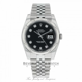 Rolex Datejust 36mm Stainless Steel White Gold Fluted Bezel Black Diamond Dial 116234 YEXHPV - Beverly Hills Watch Company 