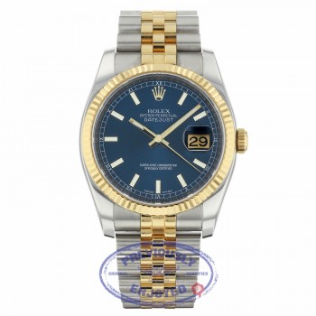 Rolex Datejust Automatic 36mm Stainless Steel 18k Yellow Gold Blue Dial Index Hour Markers Fluted Bezel Jubilee Bracelet 116233 99KA7J - Beverly Hills Watch