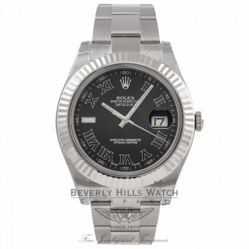 Rolex Datejust II 41mm Stainless Steel Oyster Bracelet White Gold Fluted Bezel Black Roman Dial Automatic Watch 116334 - 5E0HL1