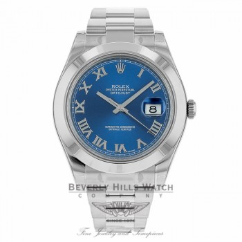 Rolex Datejust II Stainless Steel 41mm Smooth Bezel Oyster Bracelet Blue Roman Dial Watch 116300 THMA37 - Beverly Hills Watch Company