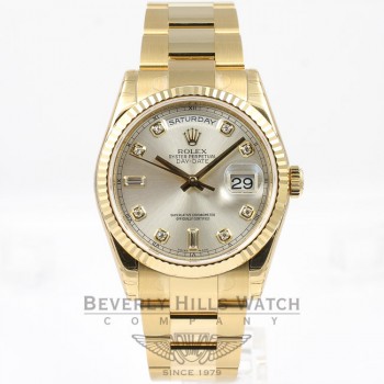 Rolex Day Date 18K Yellow Gold Oyster Bracelet 36mm Silver Diamond Dial Watch 118238 Beverly Hills Watch Company Watches