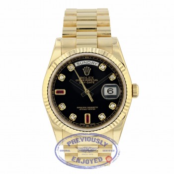 Rolex Day-Date President 36mm Yellow Gold Fluted Bezel Black Diamond and Ruby Dial 118238 JN1R9E