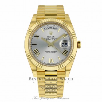 Rolex Day-Date President 40MM 18k Yellow Gold Fluted Bezel Silver Dial Roman Numeral President Bracelet 228238 2D4XT4 - Beverly Hills Watch Company