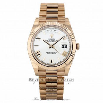 Rolex Day-Date 40 White Dial 18K Rose Gold President 228235 KLTPJJ - Beverly Hills Watch Company