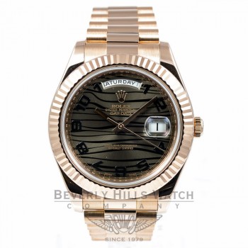 Rolex President Day Date II Everose Gold President Bracelet Black Wave Dial 41mm Watch 218235 Beverly Hills Watch Company Watches