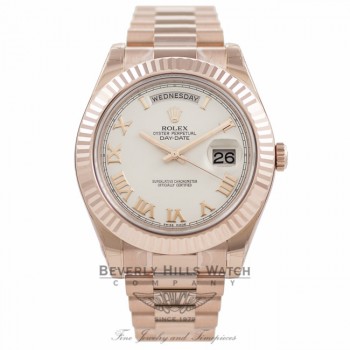 Rolex Day Date II 41mm Rose Gold President Bracelet Fluted Bezel Ivory Roman Dial 218235 - Beverly Hills Watch Company Watch Store