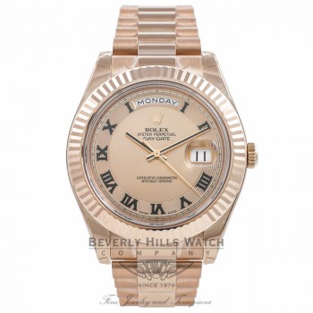 Rolex Day Date II 41mm Rose Gold President Pink Champagne Concentric Dial Fluted Bezel Watch 218235 - Beverly Hills Watch Company Watch Store