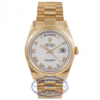 Rolex Day Date President 36mm Yellow Gold White Roman Dial 118238 R2766Y - Beverly Hills Watch Company Watch Store