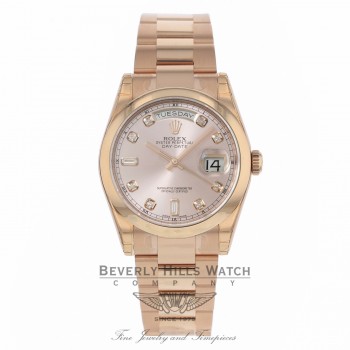Rolex Day-Date President 36MM 18k Rose Gold Domed Bezel Pink Champagne Diamond Dial 118205 - Beverly Hills Watch Store