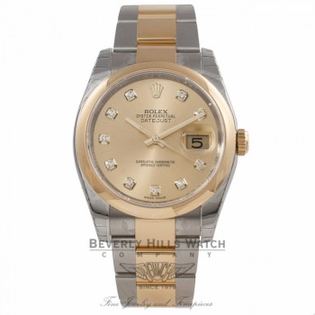 Rolex Datejust 36MM 18k Yellow Gold Stainless Steel Domed Bezel Champagne Diamond Dial 116203 CQP111 - Beverly Hills Watch Company Watch Store