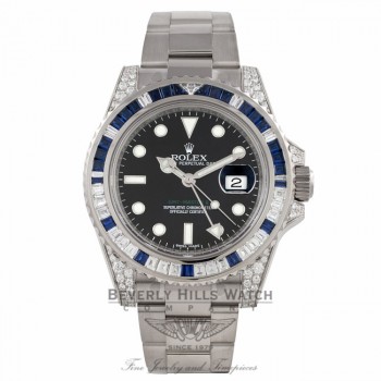 Rolex GMT MASTER II 40mm White Gold Diamond Lugs Diamond and Blue Sapphires Bezel Watch 116759SA Z5MMW3 - Beverly Hills Watch Company Watch Store