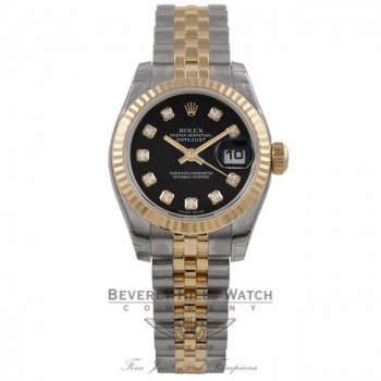 Rolex Datejust Ladies Yellow Gold Stainless Steel Fluted Bezel Black Diamond Dial 179173 48ZLRX - Beverly Hills Watch Company Watch Store