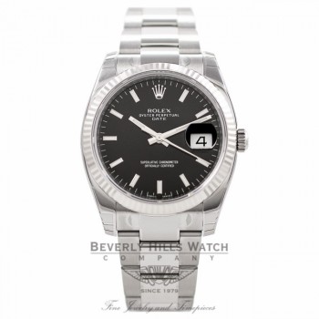 Rolex Oyster Perpetual Date 34mm 18k White Gold Fluted Bezel Black Dial 115234 - Beverly Hills Watch Company Watch Store