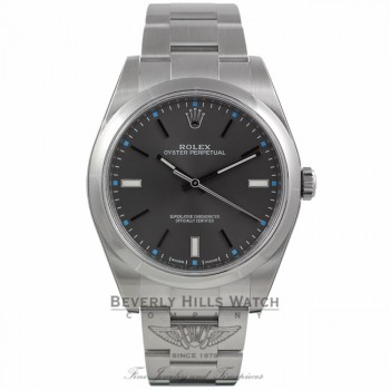 Rolex Oyster Perpetual 39mm Stainless Steel Dark Rhodium Dial Index Markings Bracelet 114300 70VYUF - Beverly Hills Watch Company