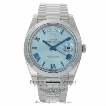 Rolex Day Date 40mm Platinum President Ice Blue Diagonal Dial ECUZ6V-2 - Beverly Hills Watch Company